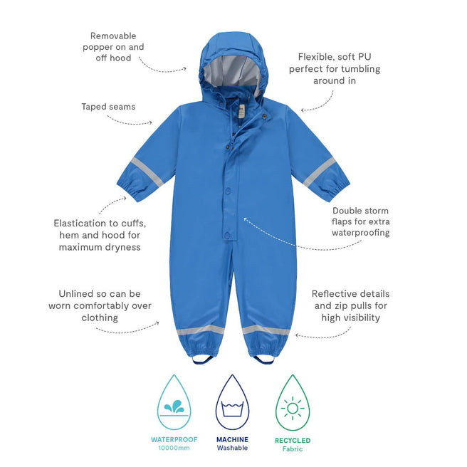 Blue Rainy Day Waterproof Puddle Suit. Waterproof, machine washable and made from recycled fabric with reflective detailing.